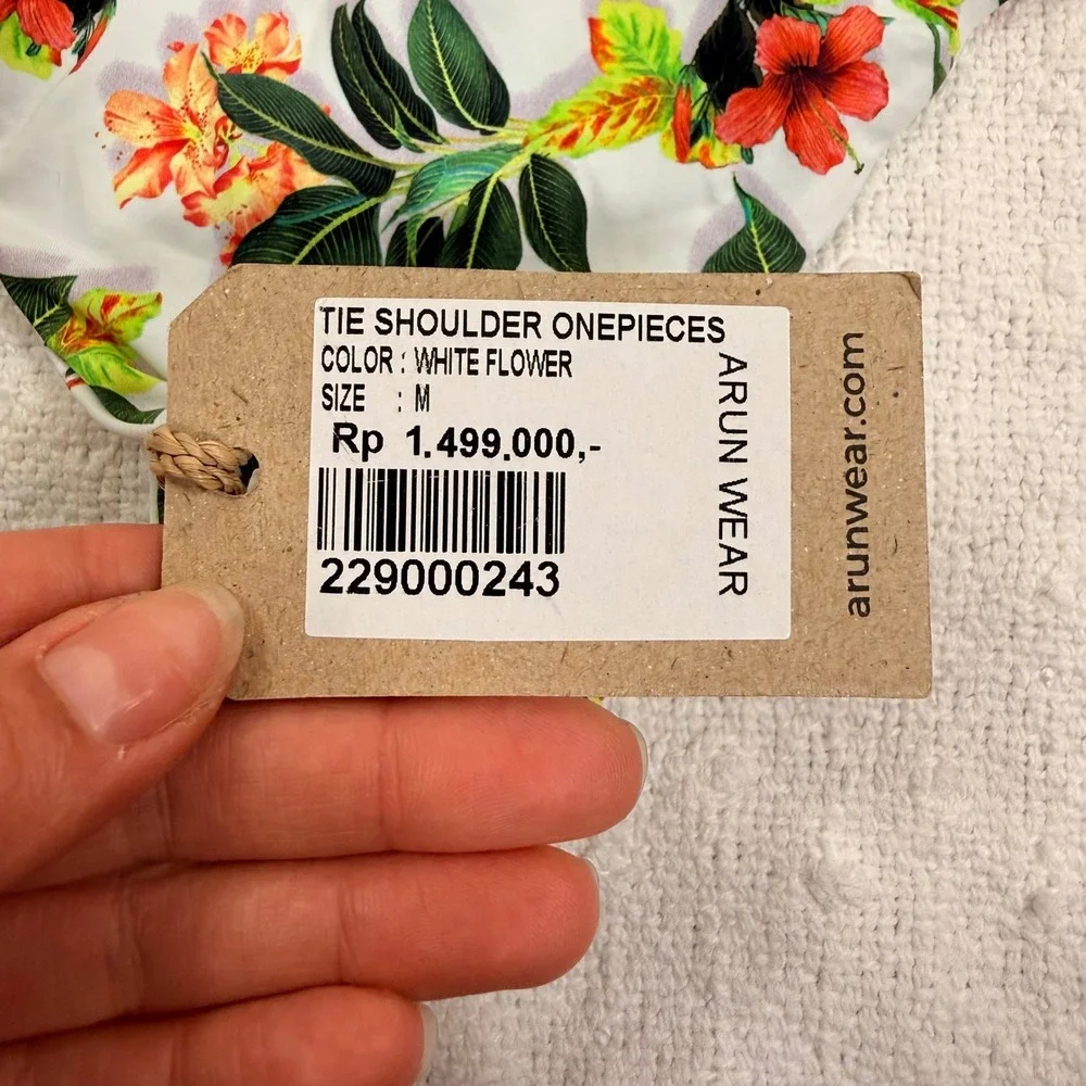 Arun Wear Tie Shoulder One Piece Swimsuit White Flower Tropical Medium NWT